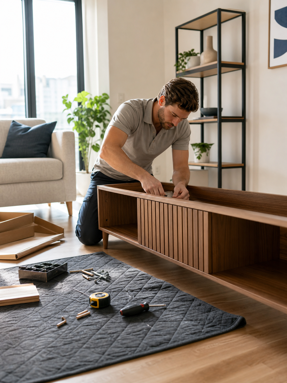 Handyman assembling furniture in a bright home